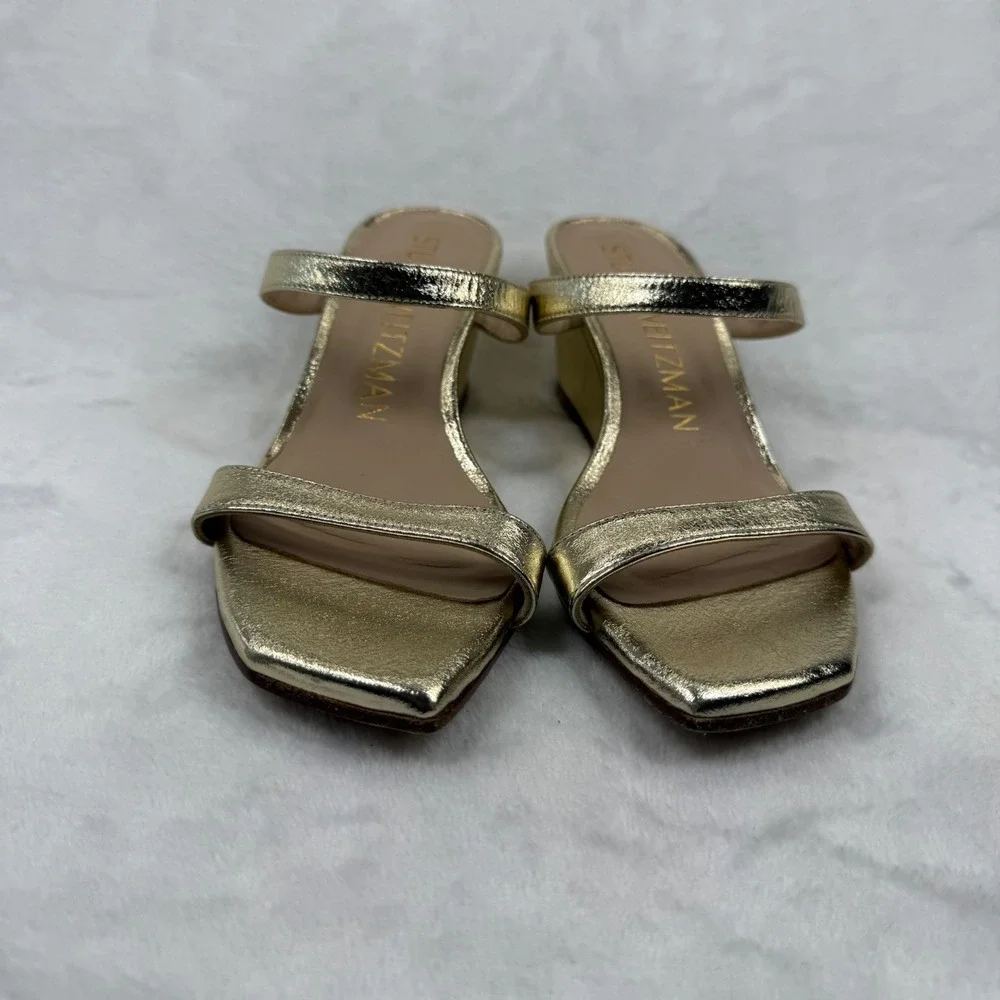 Stuart Weitzman Aleena 50 Gold Metallic Leather Square Toe‎ Wedge Sandals Size 5